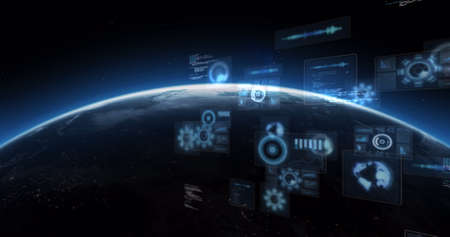 Image of scopes scanning and data processing on screens over globe with glowing horizon. global...