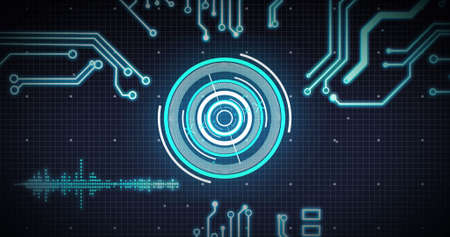 Image of scope scanning, processor elements and data processing over grid. digital interface and...