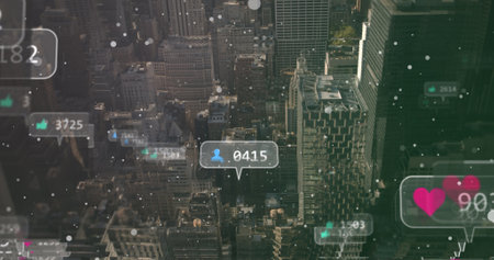 Multiple speech bubbles with social media icons and increasing numbers against cityscape. social...