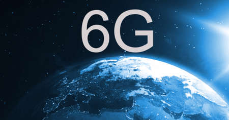 Image of 6g text over spinning globe seen from space. global networks, communication, connection and technology concept digitally generated image.の写真素材