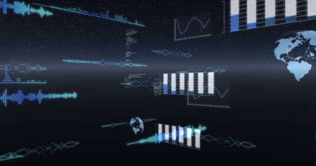 Image of globes spinning, statistics recording and data processing over universe. global network of connections and technology concept digitally generated image.の写真素材