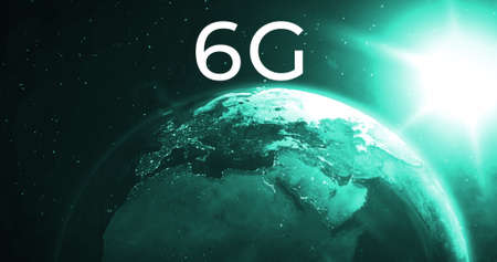 Image of 6g text over spinning green globe and sun seen from space. global networks, communication, connection and technology concept digitally generated image.の写真素材