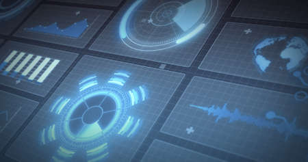 Image of statistics recording and scopes scanning on screens over grid. digital interface, global data processing and technology concept digitally generated image.の写真素材