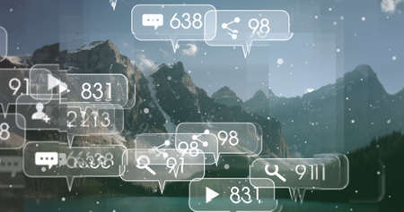 Multiple speech bubbles with social media icons and increasing numbers against mountain landscape....
