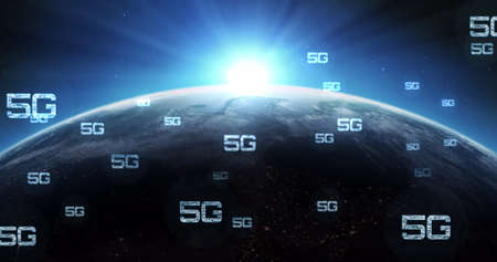 Digital image of multiple 5g text floating against blue spot of light over globe. global networking...