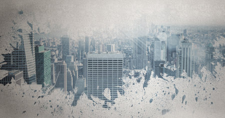 Image of cursor moving over social media messages on multi colored banners and cityscape. global...