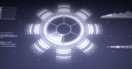 Image of scope scanning and data processing over grid. digital interface, global data processing and...