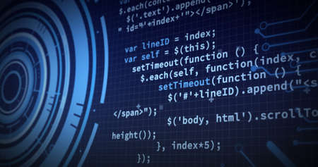 Image of scope scanning, processor elements and data processing on grid. digital interface, global...