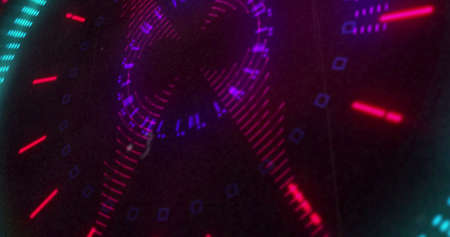 Image of circular red and purple 3d light display flashing and rotating on black background. entertainment, energy and light concept, digitally generated image.の写真素材