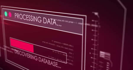 Digital image of digital interface with data processing against red background. computer interface and technology conceptの写真素材