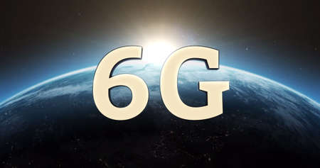 Image of 6g text in gold letters over spinning globe and sun rising seen from space. global networks, communication, connection and technology concept digitally generated image.の写真素材