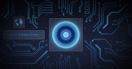 Image of scope scanning, processor elements and data processing on screens over grid. digital...