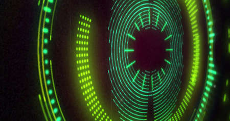 Image of circular green and pink 3d light display flashing and rotating on black background. entertainment, energy and light concept, digitally generated image.の写真素材