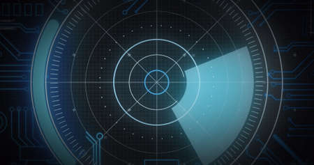 Image of scope scanning, processor elements and data processing over grid. digital interface and global connection concept digitally generated image.の写真素材