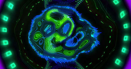 Digital image of neon kaleidoscopic effect flowing texture effect on black background. technology...