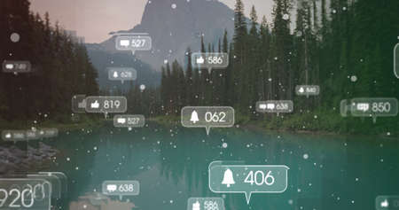 Multiple speech bubbles with social media icons and increasing numbers against mountain landscape. social media networking and technologyの写真素材