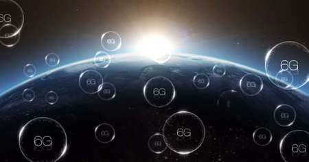 Multiple bubbles with 6g text floating and bursting against blue spot of light over globe. global...