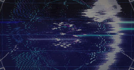 Digital image of light trails and glitch effect against round neon scanner on black background....