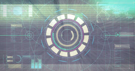 Light trails and glitch effect against round neon scanner and digital interface with data...