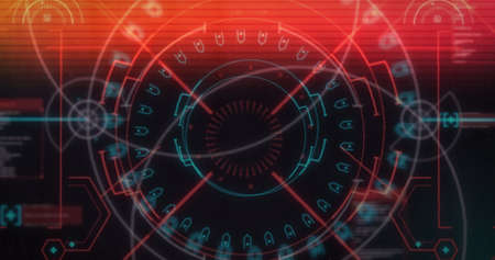 Digital image of light trails and glitch effect against round neon scanner on black background. technology background with texture and designの写真素材