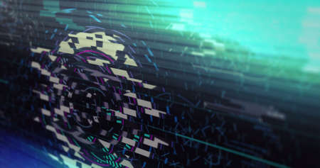 Light trails and glitch effect against round neon scanner and digital interface with data...