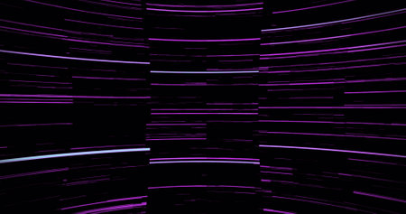 Digital image of purple light trails moving against black background. technology background with...