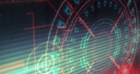 Digital image of light trails and glitch effect against round neon scanner on black background....