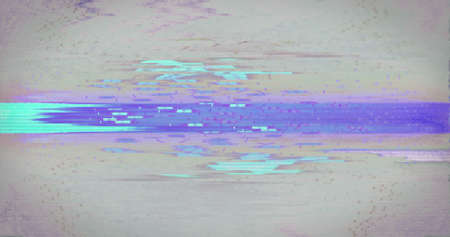 Digital image of light trails and glitch effect against round neon scanner on grey background....
