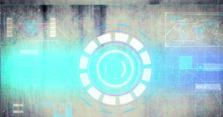 Light trails and glitch effect against round neon scanner and digital interface with data...
