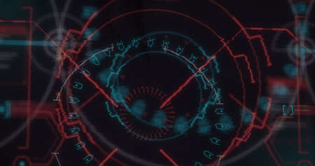 Digital image of light trails and glitch effect against round neon scanner on black background. technology background with texture and designの写真素材