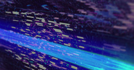Light trails and glitch effect against round neon scanner and digital interface with data...