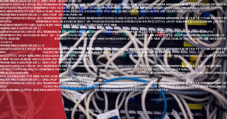 Data processing against close up of computer server against red technology background. cyber security and data storage technology conceptの写真素材