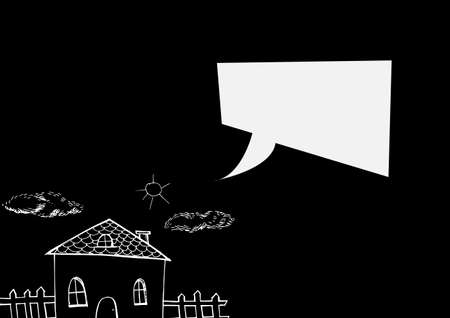 Digitally generated image of blank speech bubble over house drawing on black background. illustration and drawing art conceptの写真素材