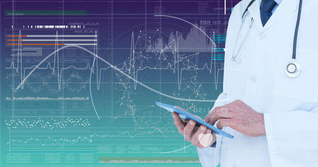 Male doctor using digital tablet against network of connections and medical data processing. medical...