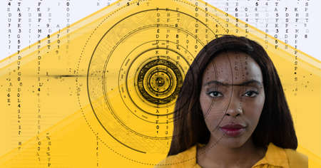 Round scanner and data processing on portrait of businesswoman against yellow technology background. computer interface and business technology conceptの写真素材