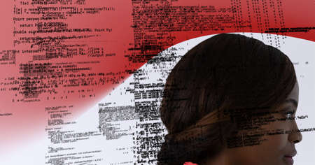 Data processing over side view of businesswoman against red technology background. computer...