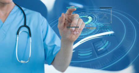 Digital interface over mid section of health worker touching invisible screen. medical research and...