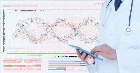 Male doctor using digital tablet against network of connections and medical data processing. medical research and science technology conceptの写真素材