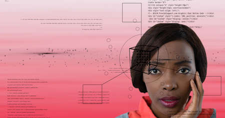 Geometry shapes and data processing over portrait of businesswoman against pink gradient background....