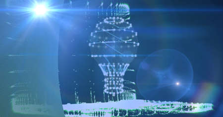 Spot of light over bulb of network of connections against blue technology background. global...