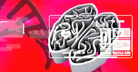Medical data processing over dna structure and human lungs against red gradient background. medical research and science technology conceptの写真素材