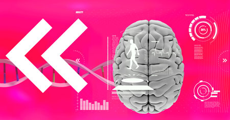 Medical data processing over dna structure and human brain against pink gradient background. medical...
