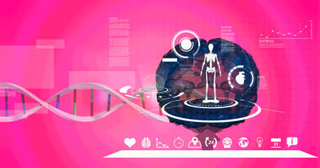Medical data processing over dna structure and human brain against pink gradient background. medical...