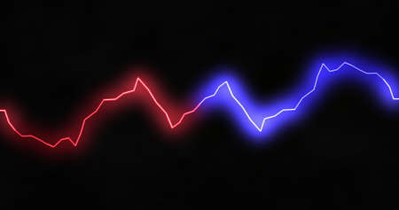 Red and blue lightning bolts of electrical current moving wildly across black background. energy, nature, electricity, light and movement concept, digitally generated image.の写真素材