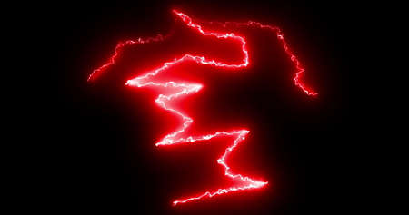 Red lightning bolts of electrical current moving wildly across a black background. energy, electricity, light and movement concept, digitally generated image.の写真素材