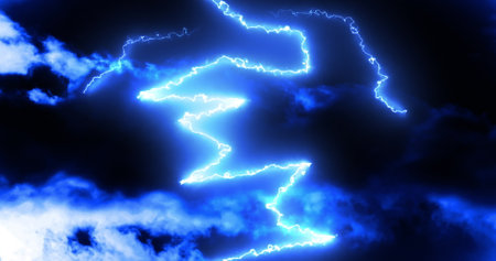 Glowing blue lightning bolts of electrical current moving wildly on dark sky background. energy, electricity, light and movement concept, digitally generated image.の写真素材
