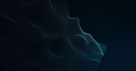 Gently undulating 3d topographic shape of pale lines moving on black background. energy, light,...