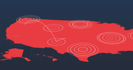 Red map with radiating white concentric circles circles spreading between territories on dark grey...