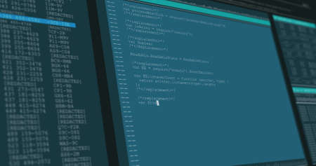 Image of data processing on blue computer screens. global technology data processing and computing...