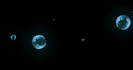 Image of multiple translucent blue bubbles floating across black background. colour and movement...